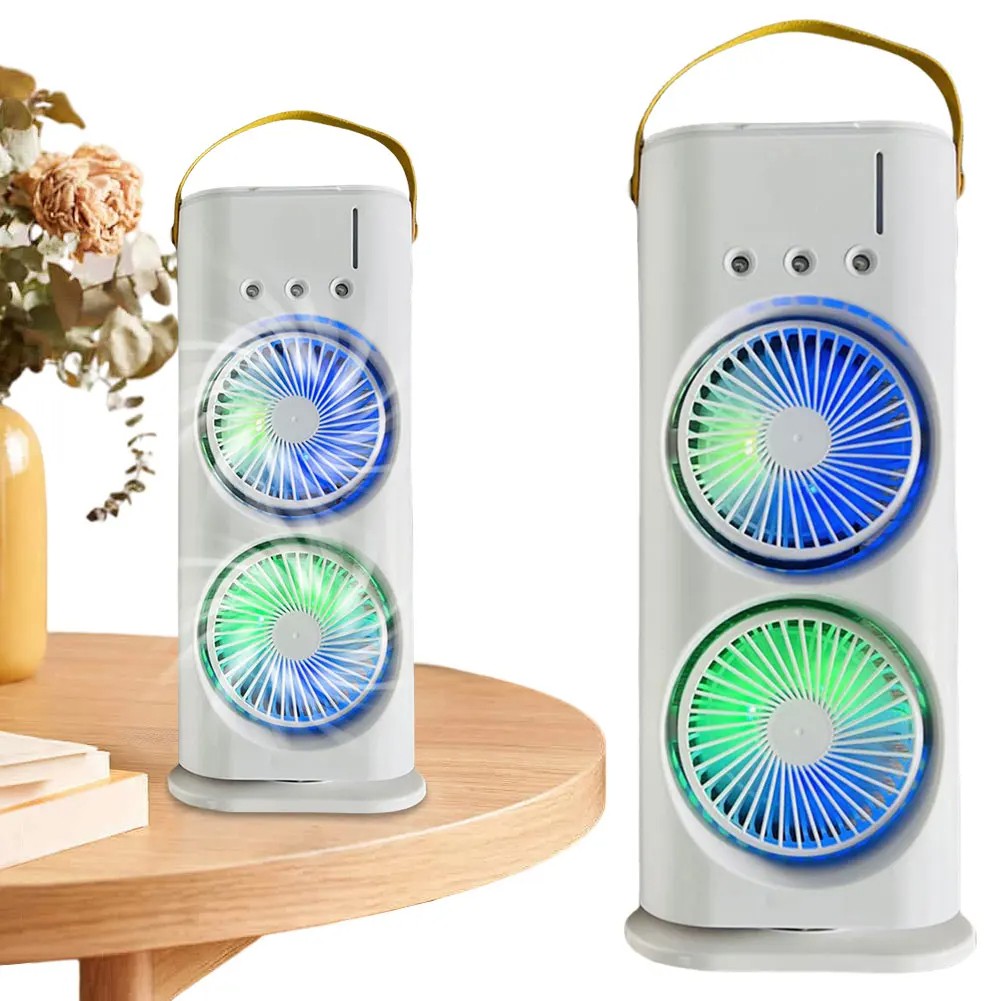 Double-Headed Air Cooler Mist Fan 3 Speeds Rechargeable Desk Air Cooler Night Light with Remote